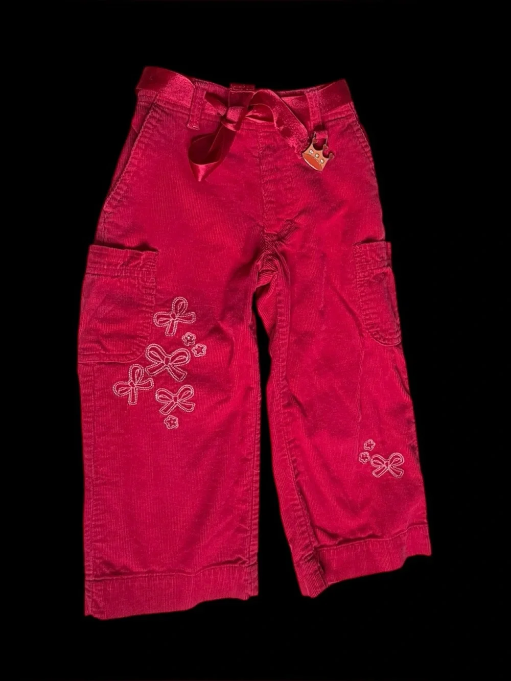 Healthtex Y2K Vtg Pink Corduroy Cargo Embroidered Bow Pants Sz 3T